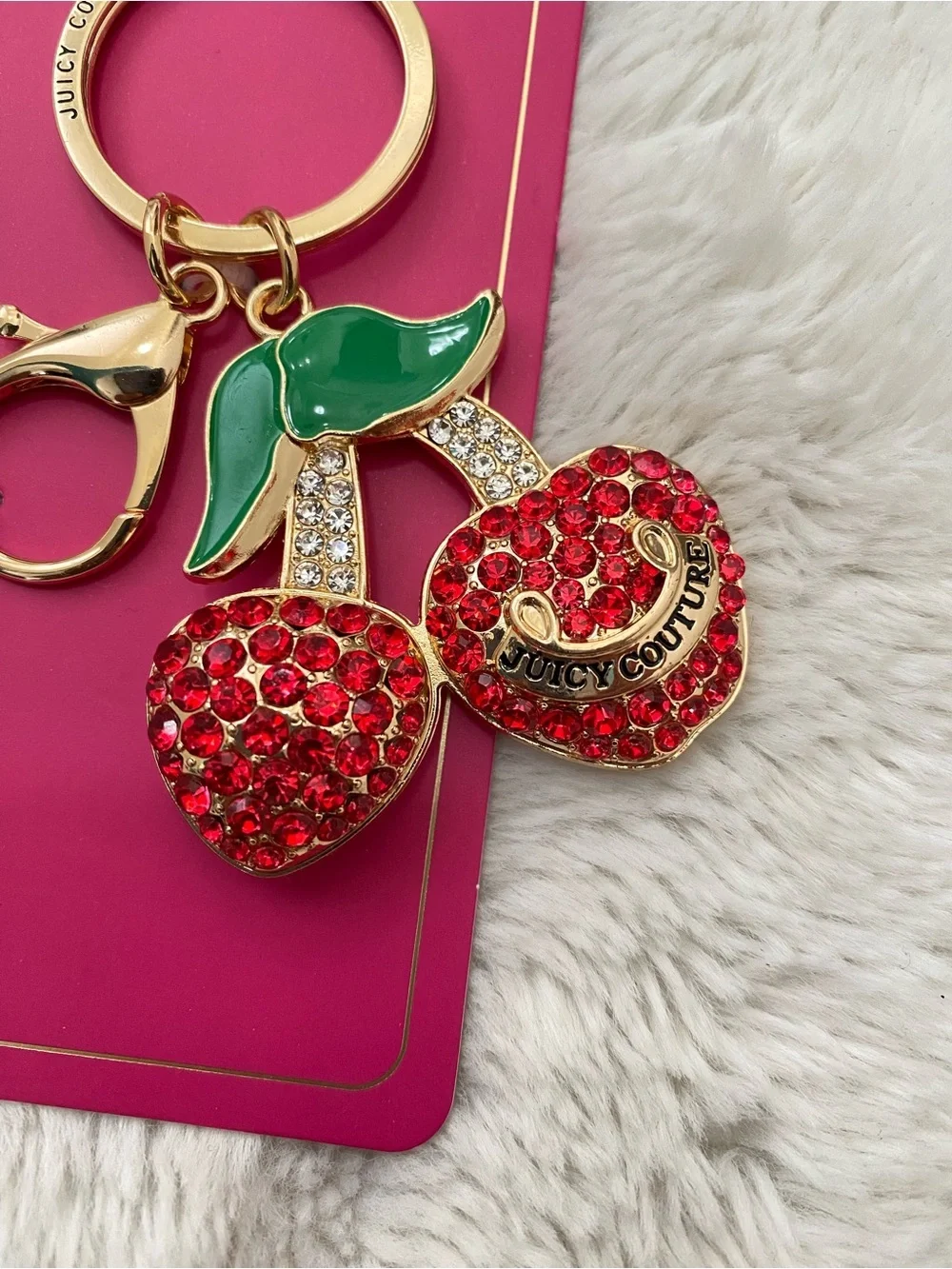 Juicy Couture Red Crystal Cherry Bag Charm Key Ring with Green Enamel Leaves